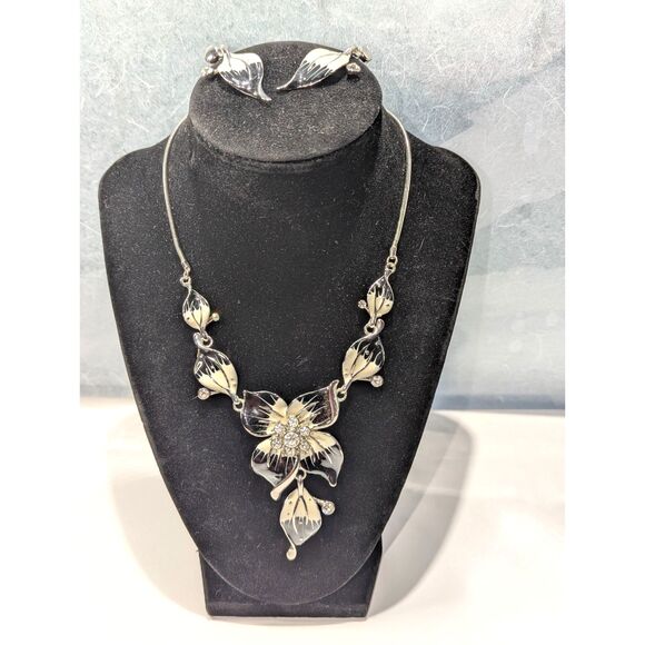 Black White Enamel Painted Rhinestone Necklace Earring Set - Picture 1 of 15